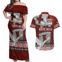Mate Ma'a Tonga Couples Matching Off Shoulder Maxi Dress and Hawaiian Shirt Haamonga a Maui and White Dove - Tongan Kupesi Ngatu LT03 Red - Polynesian Pride