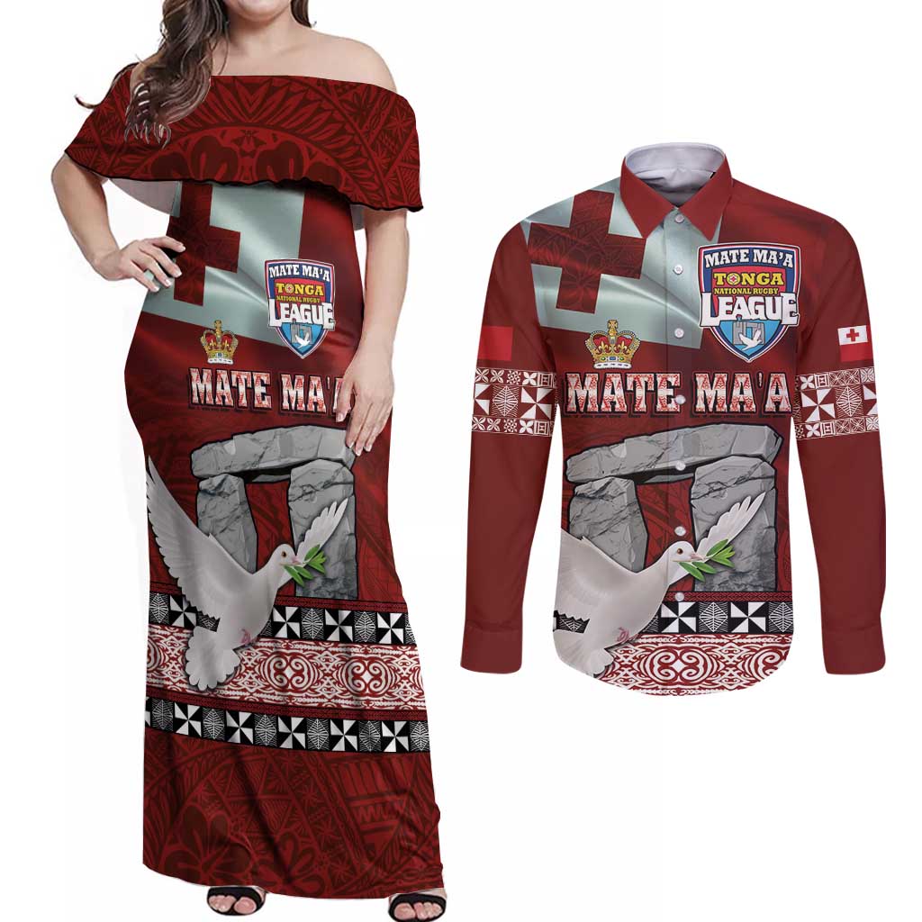 Mate Ma'a Tonga Couples Matching Off Shoulder Maxi Dress and Long Sleeve Button Shirt Haamonga a Maui and White Dove - Tongan Kupesi Ngatu LT03 Red - Polynesian Pride
