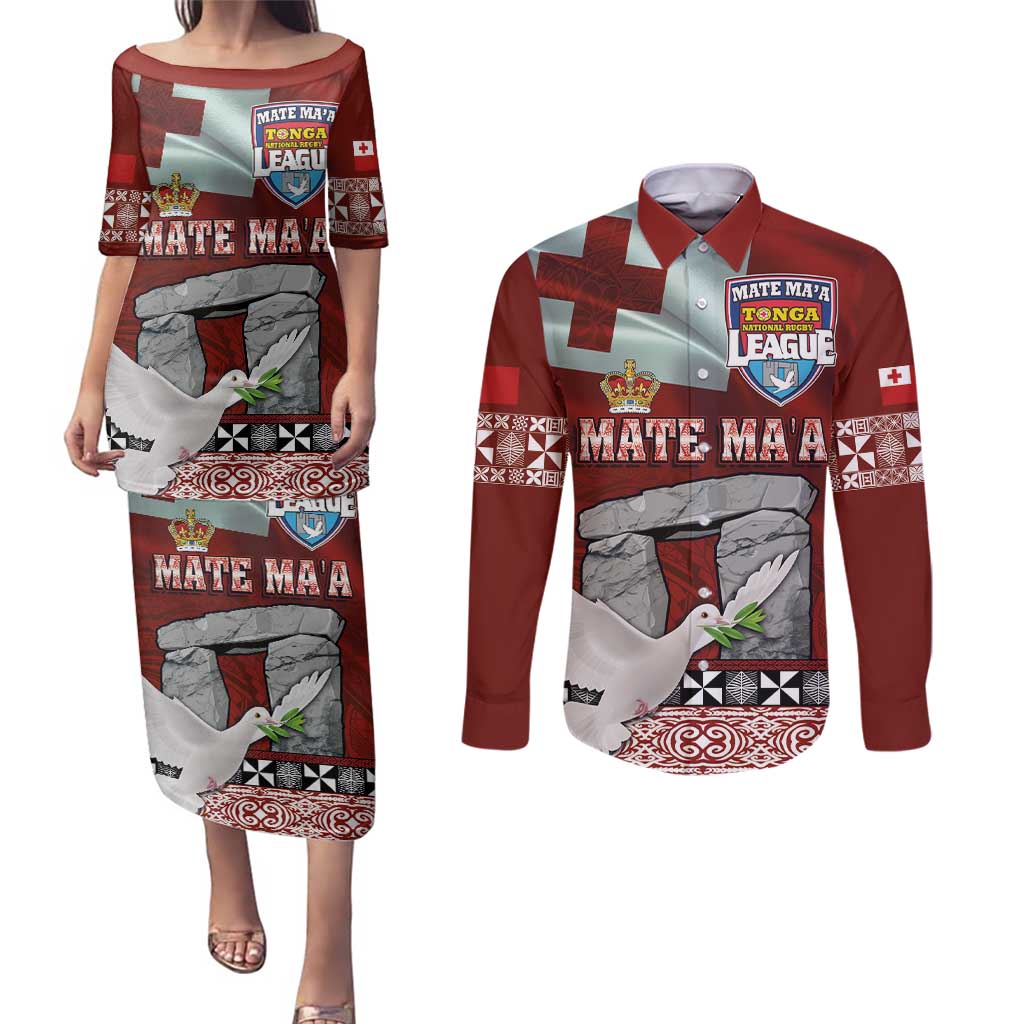 Mate Ma'a Tonga Couples Matching Puletasi and Long Sleeve Button Shirt Haʻamonga ʻa Maui and White Dove - Tongan Kupesi Ngatu