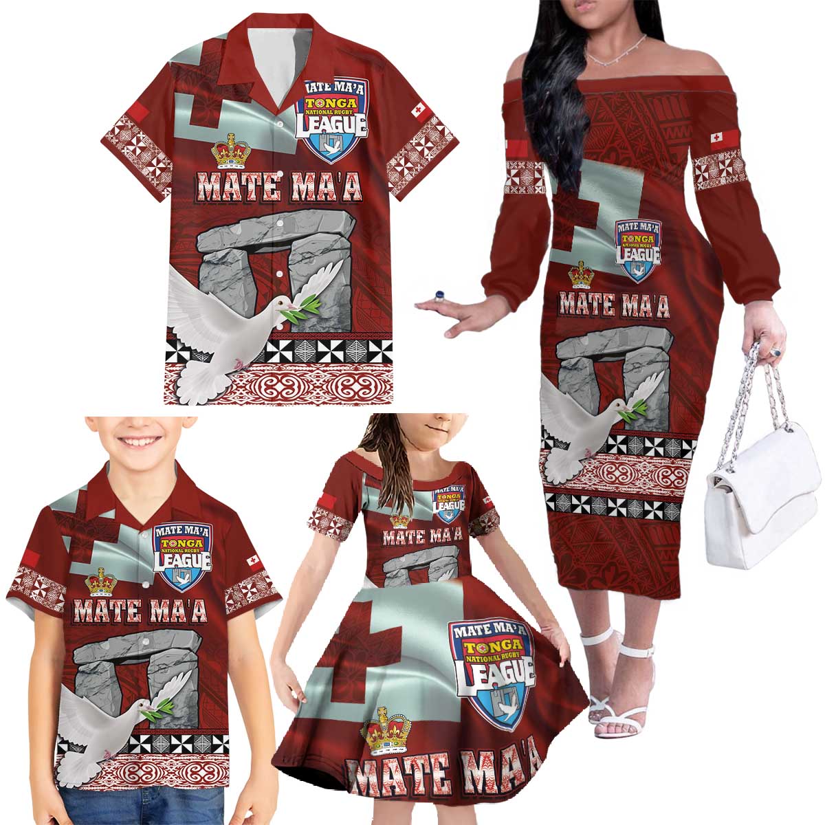 Mate Ma'a Tonga Family Matching Off The Shoulder Long Sleeve Dress and Hawaiian Shirt Haamonga a Maui and White Dove - Tongan Kupesi Ngatu LT03 - Polynesian Pride