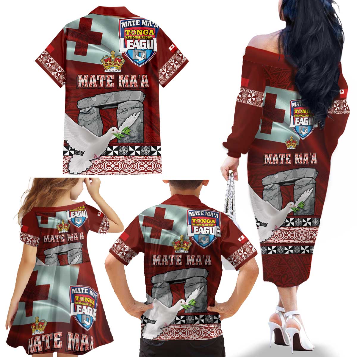 Mate Ma'a Tonga Family Matching Off The Shoulder Long Sleeve Dress and Hawaiian Shirt Haamonga a Maui and White Dove - Tongan Kupesi Ngatu LT03 - Polynesian Pride
