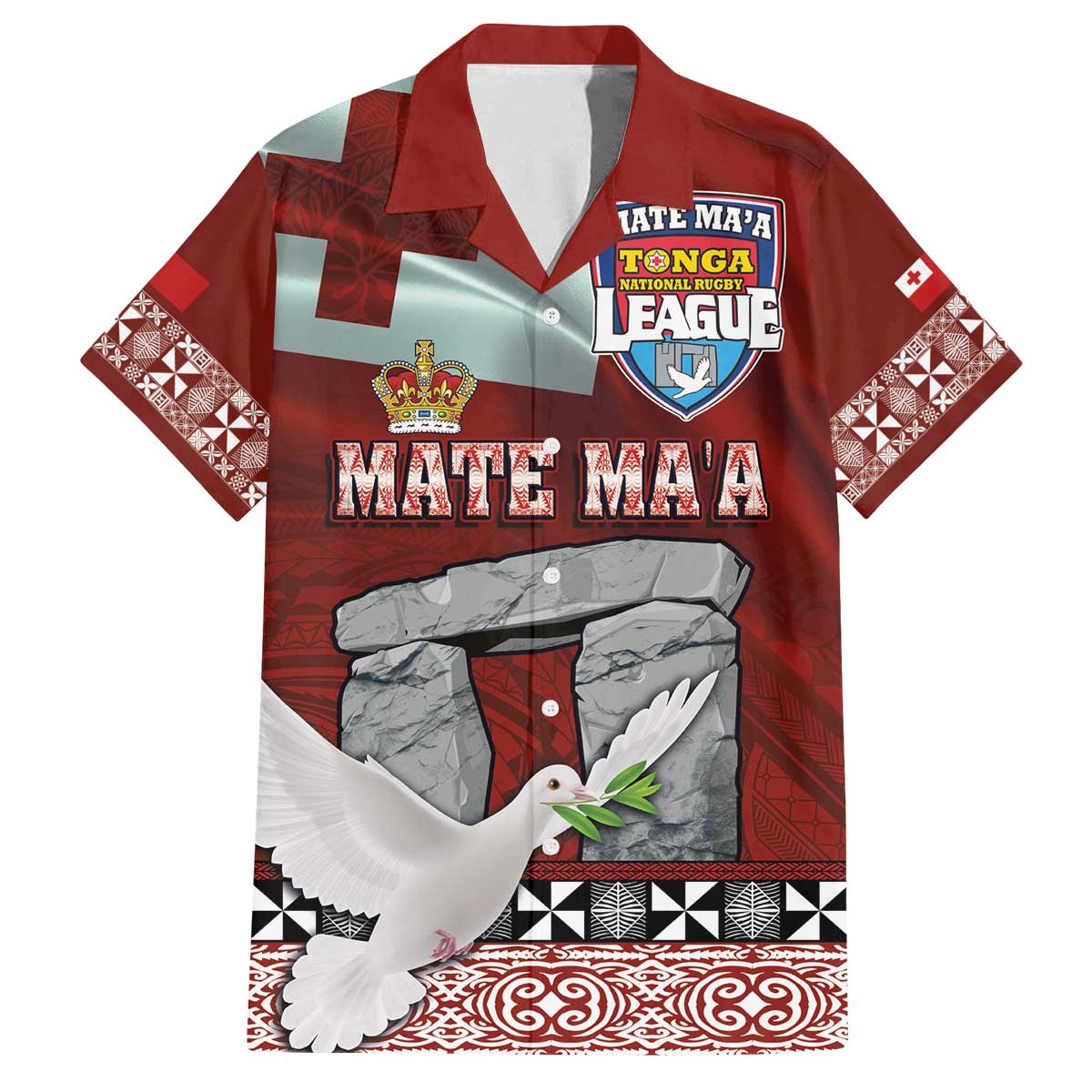 Mate Ma'a Tonga Family Matching Off The Shoulder Long Sleeve Dress and Hawaiian Shirt Haamonga a Maui and White Dove - Tongan Kupesi Ngatu LT03 Dad's Shirt - Short Sleeve Red - Polynesian Pride