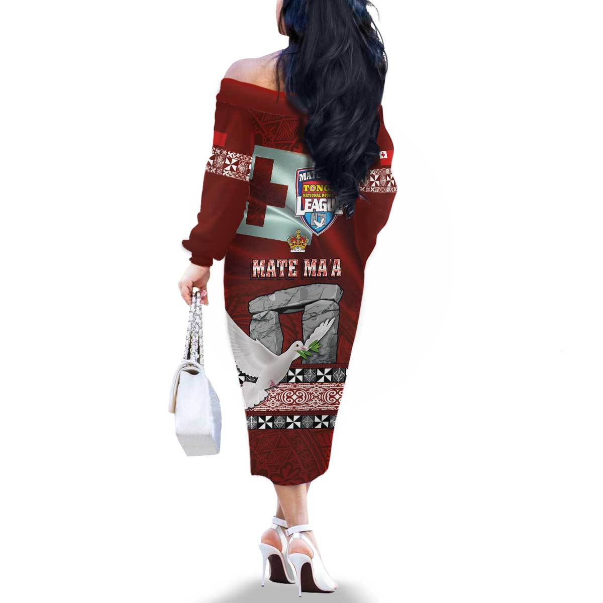 Mate Ma'a Tonga Family Matching Off The Shoulder Long Sleeve Dress and Hawaiian Shirt Haamonga a Maui and White Dove - Tongan Kupesi Ngatu LT03 - Polynesian Pride