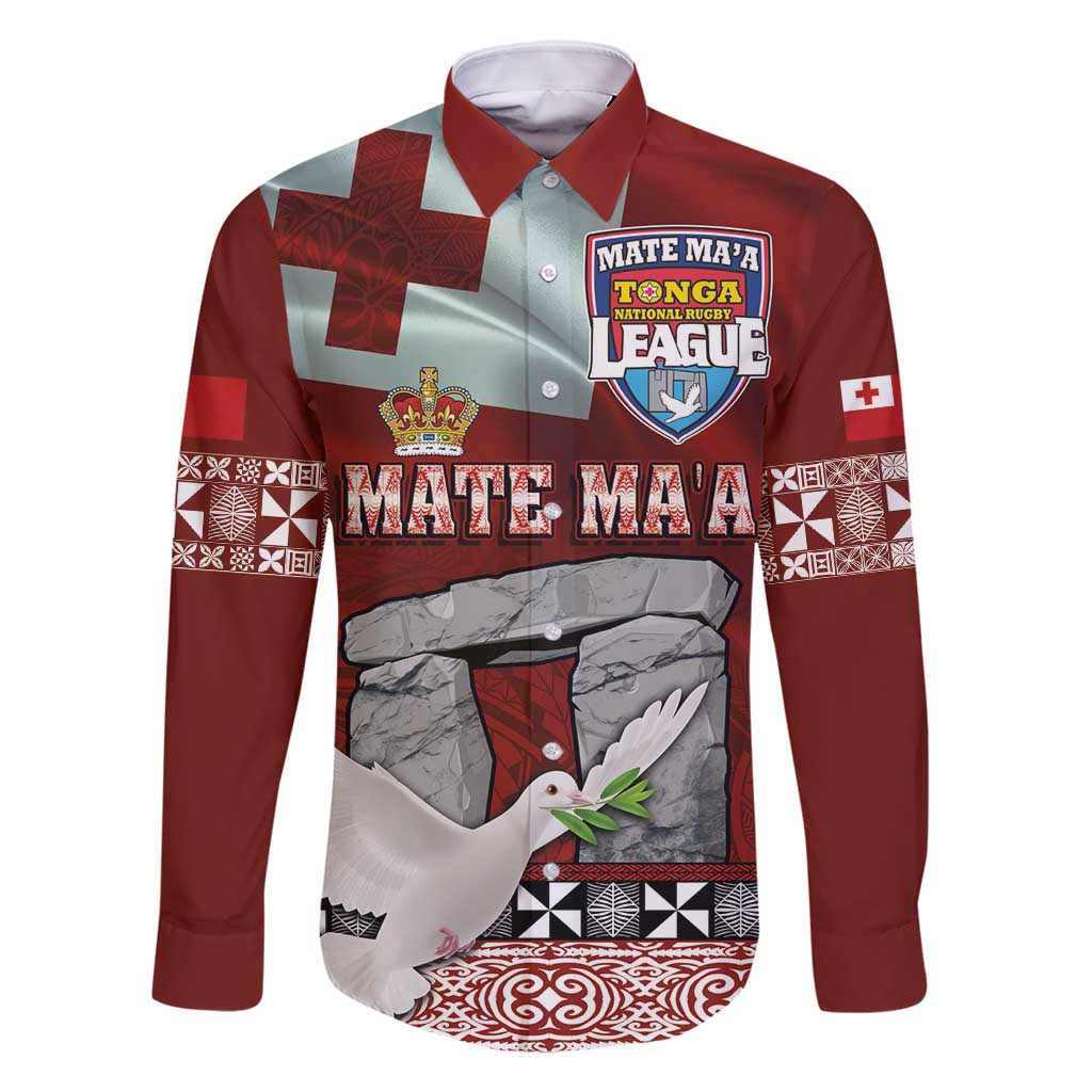 Mate Ma'a Tonga Family Matching Off Shoulder Maxi Dress and Hawaiian Shirt Haamonga a Maui and White Dove - Tongan Kupesi Ngatu LT03 Dad's Shirt - Long Sleeve Red - Polynesian Pride