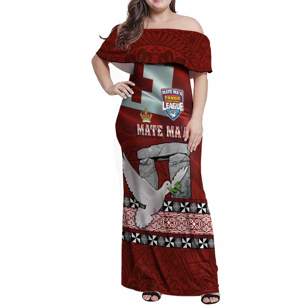 Mate Ma'a Tonga Family Matching Off Shoulder Maxi Dress and Hawaiian Shirt Haamonga a Maui and White Dove - Tongan Kupesi Ngatu LT03 Mom's Dress Red - Polynesian Pride