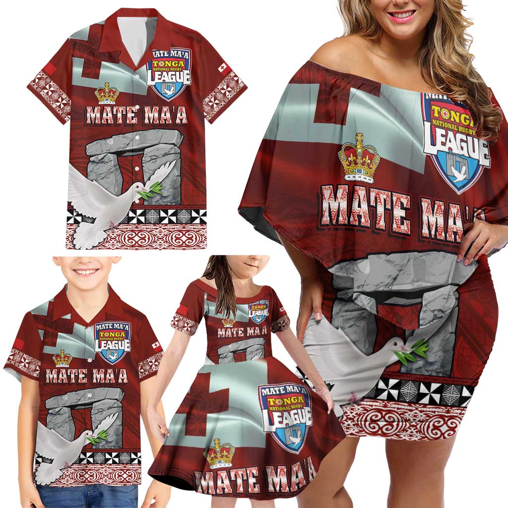 Mate Ma'a Tonga Family Matching Off Shoulder Short Dress and Hawaiian Shirt Haamonga a Maui and White Dove - Tongan Kupesi Ngatu LT03 - Polynesian Pride