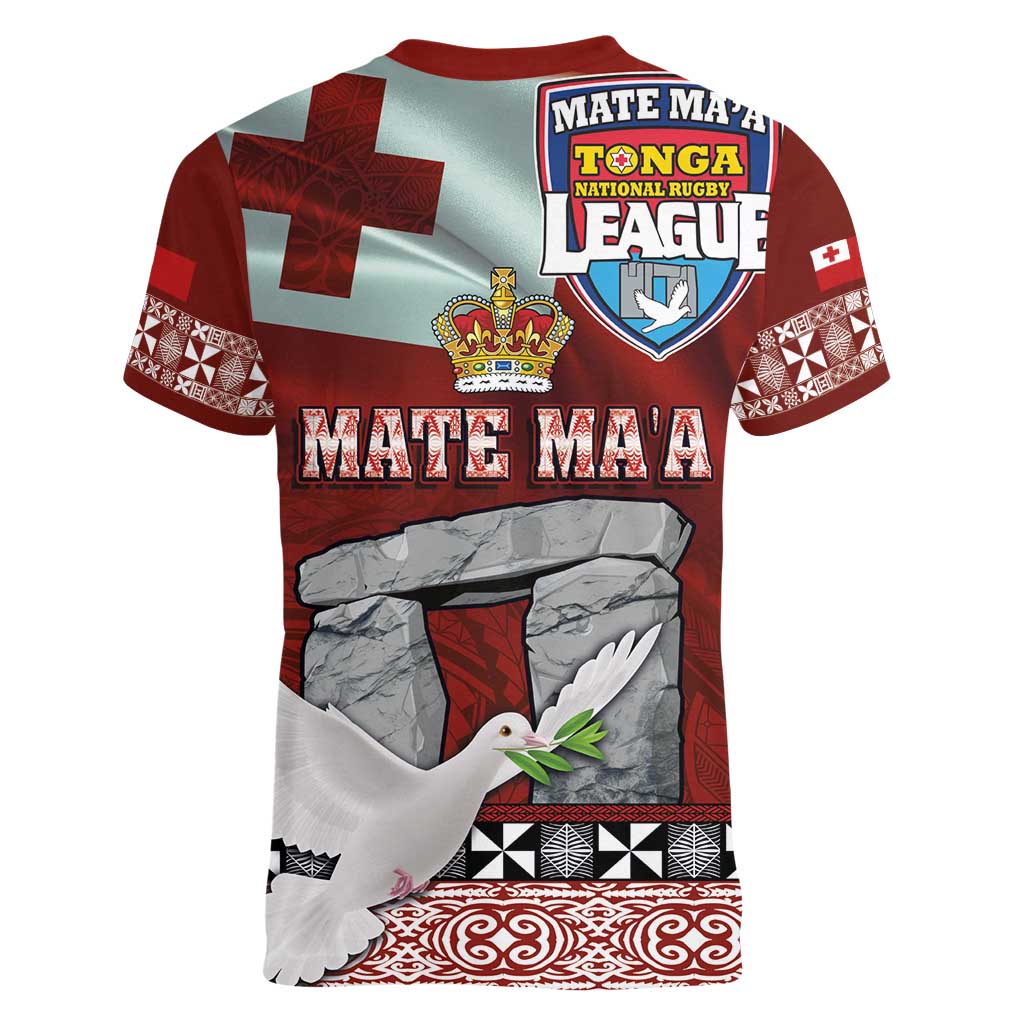 Mate Ma'a Tonga Women V-Neck T-Shirt Haʻamonga ʻa Maui and White Dove - Tongan Kupesi Ngatu
