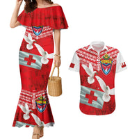 Mate Ma'a Tonga Couples Matching Mermaid Dress and Hawaiian Shirt Double White Dove and Kupesi Ngatu Art Tattoo LT03 Red - Polynesian Pride