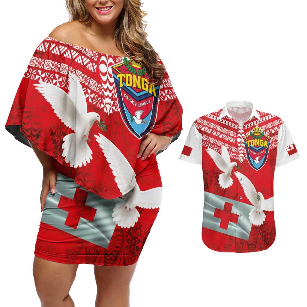 Mate Ma'a Tonga Couples Matching Off Shoulder Short Dress and Hawaiian Shirt Double White Dove and Kupesi Ngatu Art Tattoo LT03 Red - Polynesian Pride