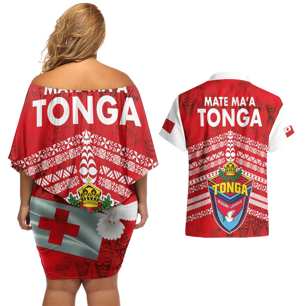 Mate Ma'a Tonga Couples Matching Off Shoulder Short Dress and Hawaiian Shirt Double White Dove and Kupesi Ngatu Art Tattoo LT03 - Polynesian Pride