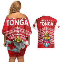 Mate Ma'a Tonga Couples Matching Off Shoulder Short Dress and Hawaiian Shirt Double White Dove and Kupesi Ngatu Art Tattoo LT03 - Polynesian Pride