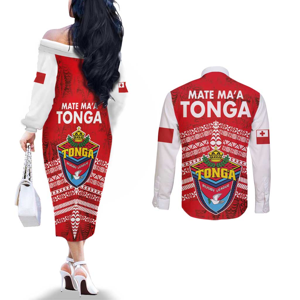 Mate Ma'a Tonga Couples Matching Off The Shoulder Long Sleeve Dress and Long Sleeve Button Shirt Douple White Dove and Kupesi Ngatu Art Tattoo
