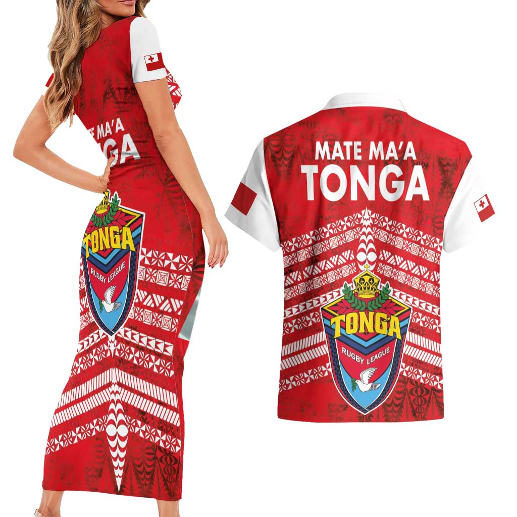 Mate Ma'a Tonga Couples Matching Short Sleeve Bodycon Dress and Hawaiian Shirt Double White Dove and Kupesi Ngatu Art Tattoo LT03 - Polynesian Pride