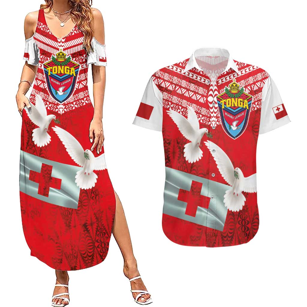 Mate Ma'a Tonga Couples Matching Summer Maxi Dress and Hawaiian Shirt Douple White Dove and Kupesi Ngatu Art Tattoo
