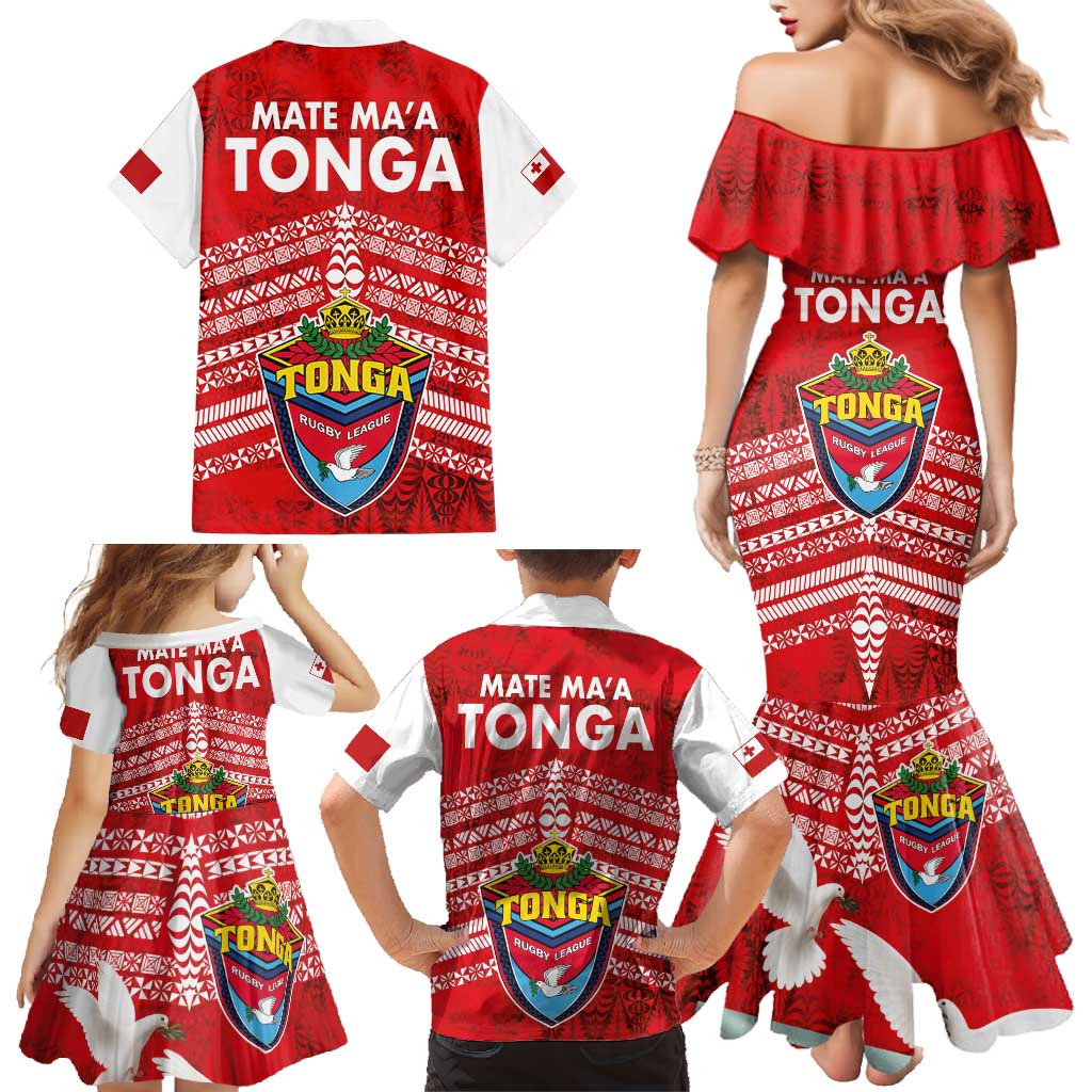 Mate Ma'a Tonga Family Matching Mermaid Dress and Hawaiian Shirt Douple White Dove and Kupesi Ngatu Art Tattoo