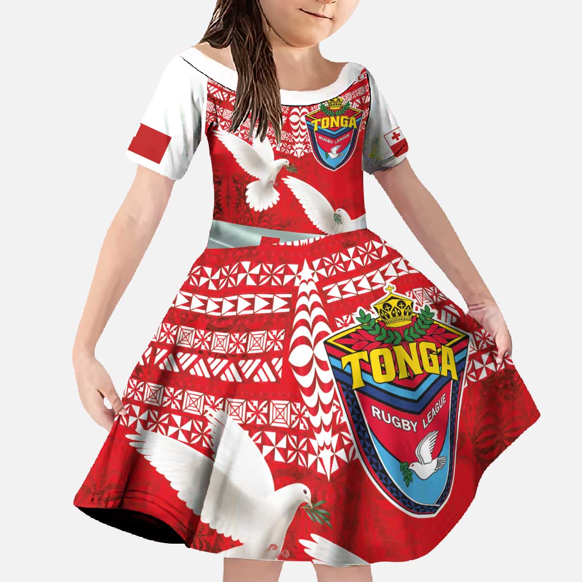 Mate Ma'a Tonga Family Matching Off The Shoulder Long Sleeve Dress and Hawaiian Shirt Double White Dove and Kupesi Ngatu Art Tattoo LT03 Daughter's Dress Red - Polynesian Pride