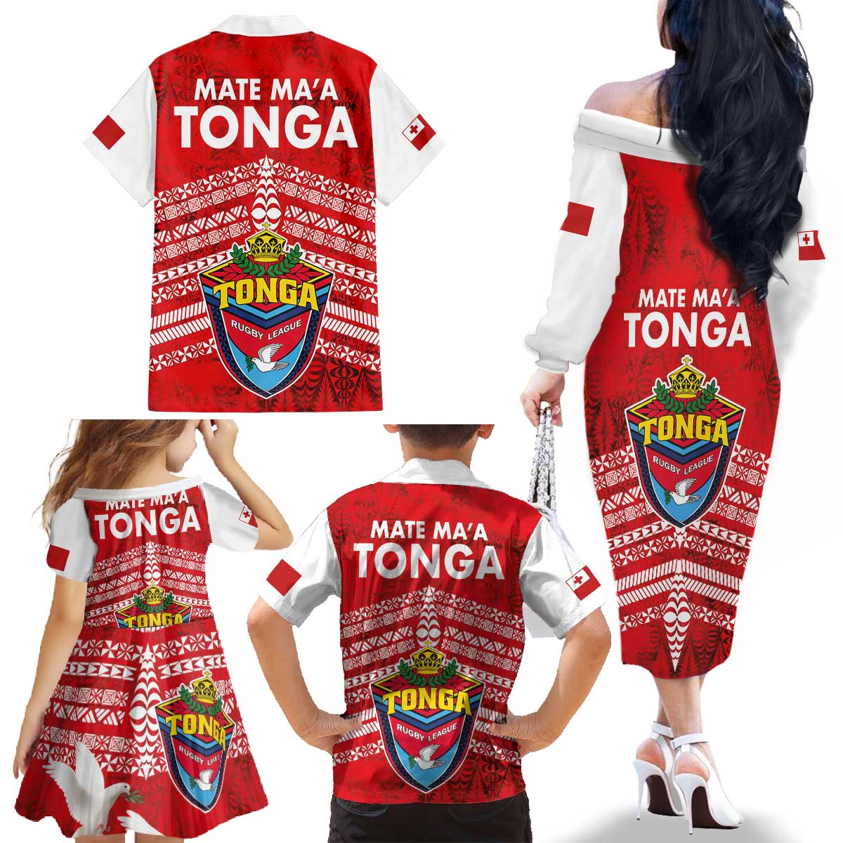 Mate Ma'a Tonga Family Matching Off The Shoulder Long Sleeve Dress and Hawaiian Shirt Double White Dove and Kupesi Ngatu Art Tattoo LT03 - Polynesian Pride