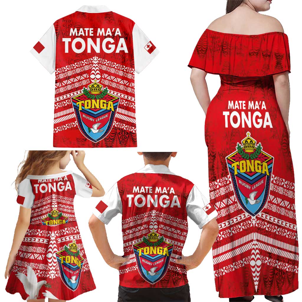 Mate Ma'a Tonga Family Matching Off Shoulder Maxi Dress and Hawaiian Shirt Double White Dove and Kupesi Ngatu Art Tattoo LT03 - Polynesian Pride