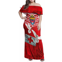 Mate Ma'a Tonga Family Matching Off Shoulder Maxi Dress and Hawaiian Shirt Double White Dove and Kupesi Ngatu Art Tattoo LT03 Mom's Dress Red - Polynesian Pride