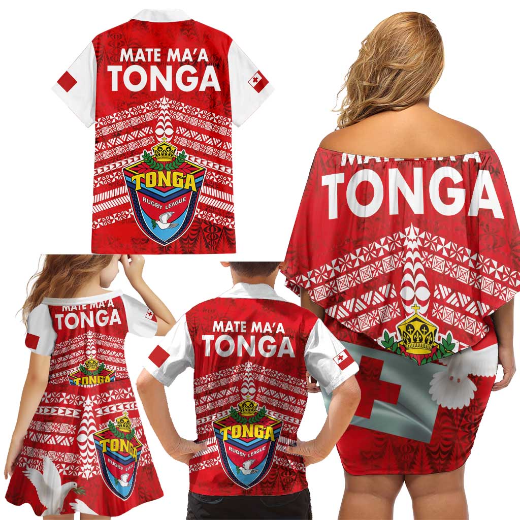 Mate Ma'a Tonga Family Matching Off Shoulder Short Dress and Hawaiian Shirt Double White Dove and Kupesi Ngatu Art Tattoo LT03 - Polynesian Pride