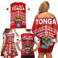 Mate Ma'a Tonga Family Matching Off Shoulder Short Dress and Hawaiian Shirt Double White Dove and Kupesi Ngatu Art Tattoo LT03 - Polynesian Pride