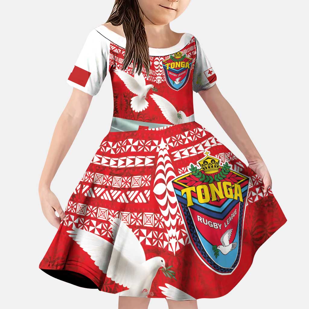 Mate Ma'a Tonga Family Matching Puletasi and Hawaiian Shirt Double White Dove and Kupesi Ngatu Art Tattoo LT03 Daughter's Dress Red - Polynesian Pride