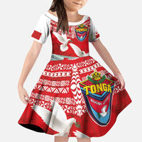 Mate Ma'a Tonga Family Matching Puletasi and Hawaiian Shirt Double White Dove and Kupesi Ngatu Art Tattoo LT03 Daughter's Dress Red - Polynesian Pride