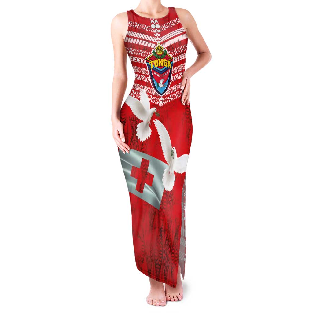 Mate Ma'a Tonga Family Matching Tank Maxi Dress and Hawaiian Shirt Double White Dove and Kupesi Ngatu Art Tattoo LT03 Mom's Dress Red - Polynesian Pride