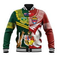 Custom Mate Ma'a Tonga and Australia Kangaroo Baseball Jacket Nation Seal with Mascot Aboriginal and Tongan Kupesi Ngatu Art