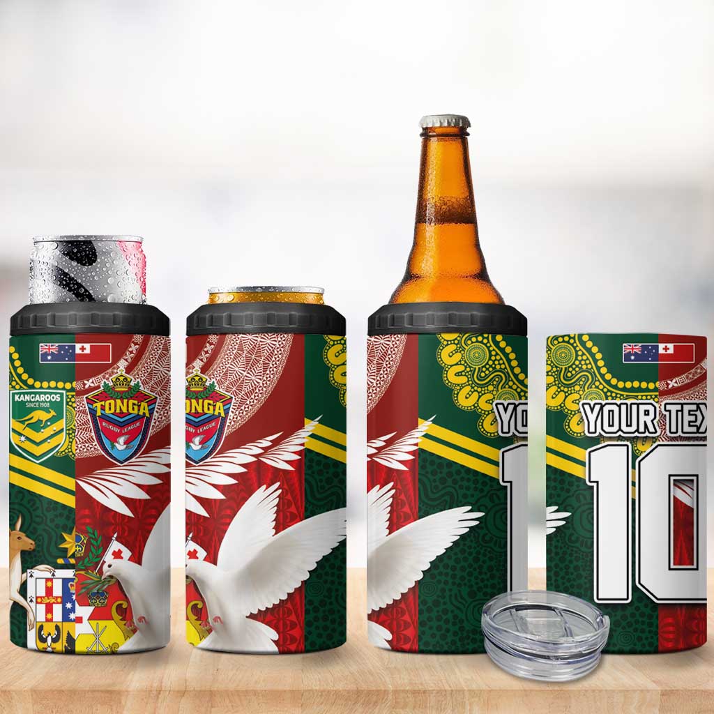 Custom Mate Ma'a Tonga and Australia Kangaroo 4 in 1 Can Cooler Tumbler Nation Seal with Mascot Aboriginal and Tongan Kupesi Ngatu Art LT03 - Polynesian Pride