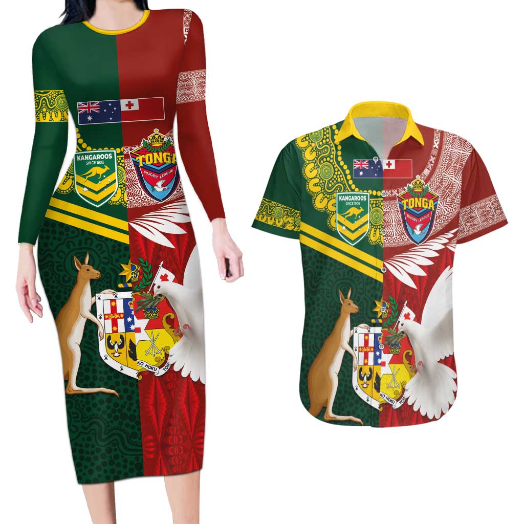 Custom Mate Ma'a Tonga and Australia Kangaroo Couples Matching Long Sleeve Bodycon Dress and Hawaiian Shirt Nation Seal with Mascot Aboriginal and Tongan Kupesi Ngatu Art LT03 Red - Polynesian Pride