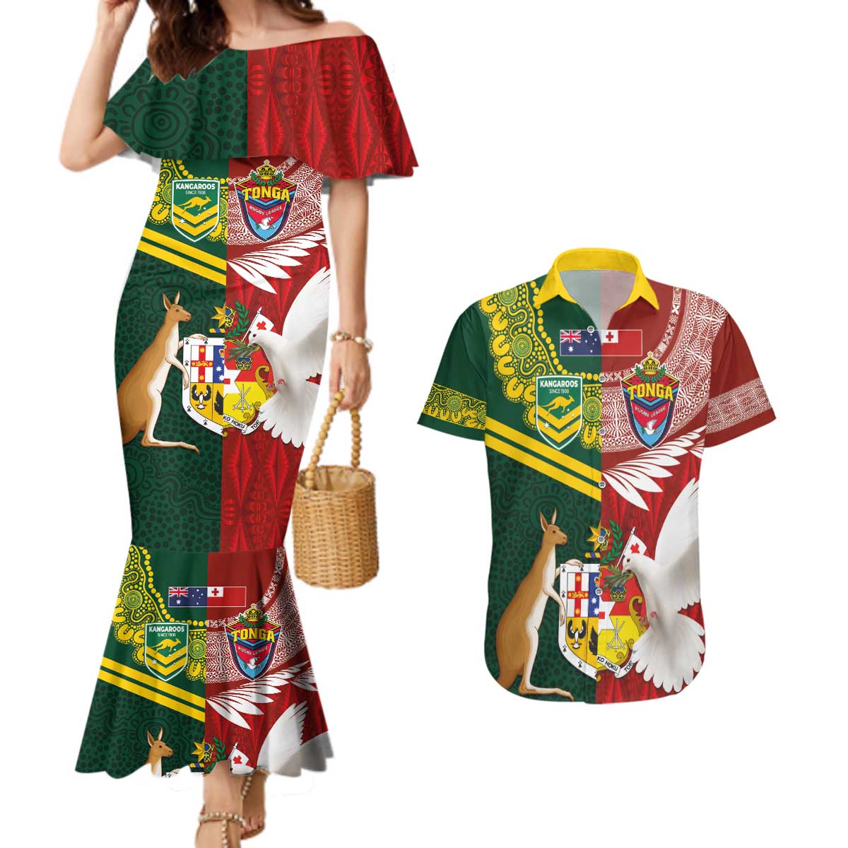 Custom Mate Ma'a Tonga and Australia Kangaroo Couples Matching Mermaid Dress and Hawaiian Shirt Nation Seal with Mascot Aboriginal and Tongan Kupesi Ngatu Art LT03 Red - Polynesian Pride