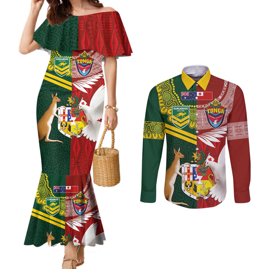 Custom Mate Ma'a Tonga and Australia Kangaroo Couples Matching Mermaid Dress and Long Sleeve Button Shirt Nation Seal with Mascot Aboriginal and Tongan Kupesi Ngatu Art