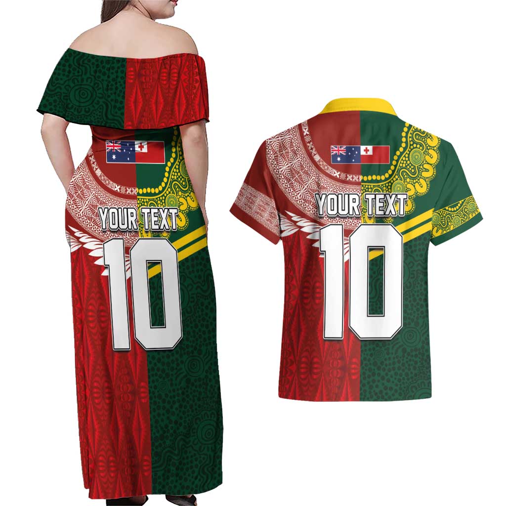 Custom Mate Ma'a Tonga and Australia Kangaroo Couples Matching Off Shoulder Maxi Dress and Hawaiian Shirt Nation Seal with Mascot Aboriginal and Tongan Kupesi Ngatu Art LT03 - Polynesian Pride