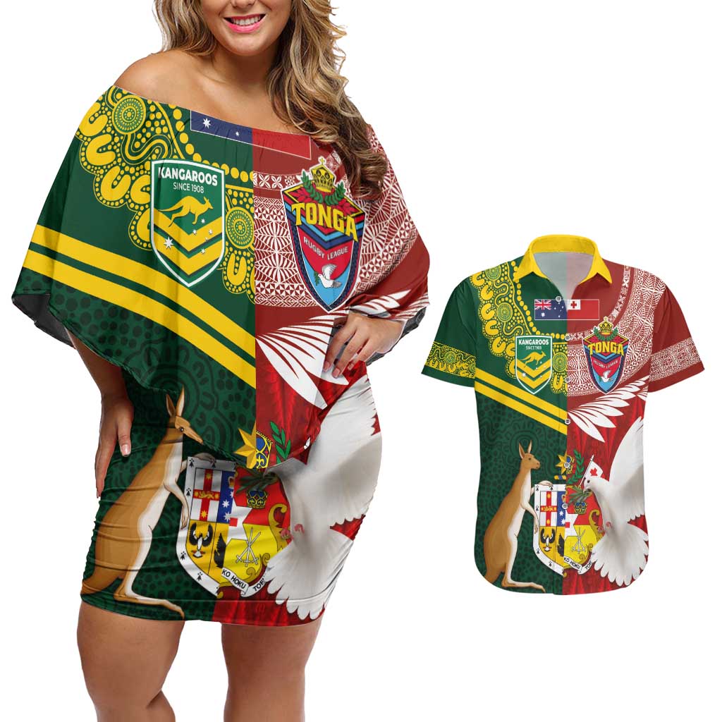 Custom Mate Ma'a Tonga and Australia Kangaroo Couples Matching Off Shoulder Short Dress and Hawaiian Shirt Nation Seal with Mascot Aboriginal and Tongan Kupesi Ngatu Art LT03 Red - Polynesian Pride