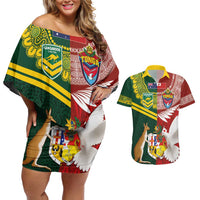 Custom Mate Ma'a Tonga and Australia Kangaroo Couples Matching Off Shoulder Short Dress and Hawaiian Shirt Nation Seal with Mascot Aboriginal and Tongan Kupesi Ngatu Art LT03 Red - Polynesian Pride
