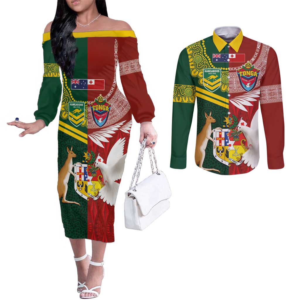 Custom Mate Ma'a Tonga and Australia Kangaroo Couples Matching Off The Shoulder Long Sleeve Dress and Long Sleeve Button Shirt Nation Seal with Mascot Aboriginal and Tongan Kupesi Ngatu Art