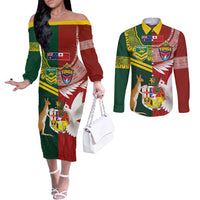 Custom Mate Ma'a Tonga and Australia Kangaroo Couples Matching Off The Shoulder Long Sleeve Dress and Long Sleeve Button Shirt Nation Seal with Mascot Aboriginal and Tongan Kupesi Ngatu Art