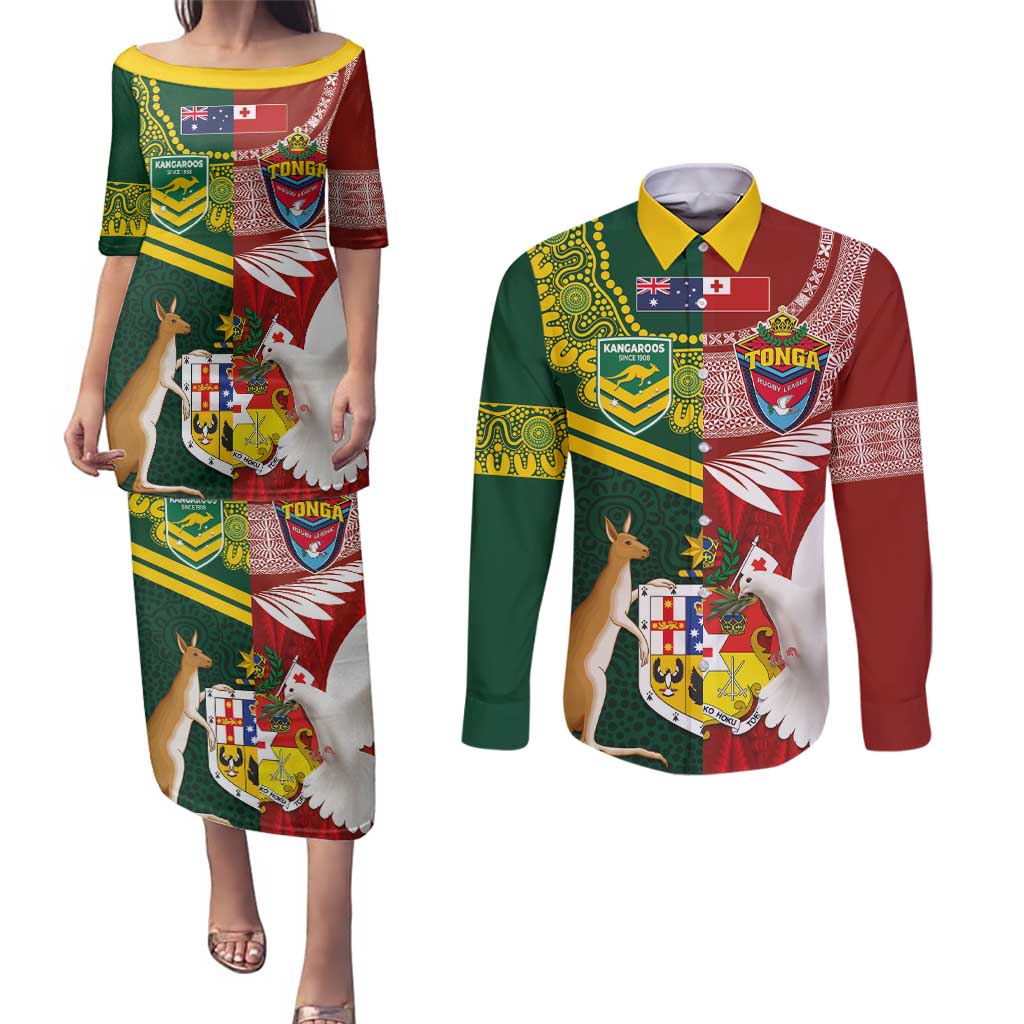 Custom Mate Ma'a Tonga and Australia Kangaroo Couples Matching Puletasi and Long Sleeve Button Shirt Nation Seal with Mascot Aboriginal and Tongan Kupesi Ngatu Art