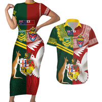 Custom Mate Ma'a Tonga and Australia Kangaroo Couples Matching Short Sleeve Bodycon Dress and Hawaiian Shirt Nation Seal with Mascot Aboriginal and Tongan Kupesi Ngatu Art LT03 Red - Polynesian Pride