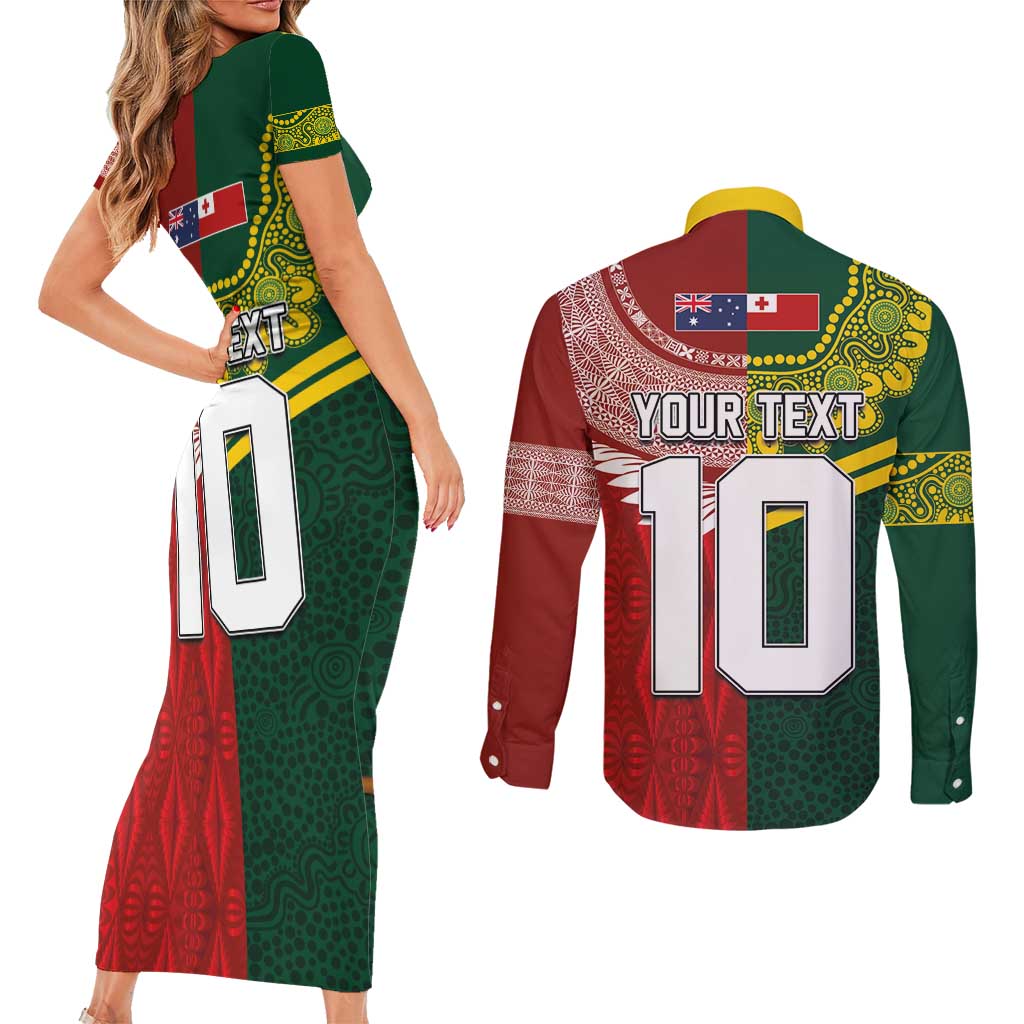 Custom Mate Ma'a Tonga and Australia Kangaroo Couples Matching Short Sleeve Bodycon Dress and Long Sleeve Button Shirt Nation Seal with Mascot Aboriginal and Tongan Kupesi Ngatu Art
