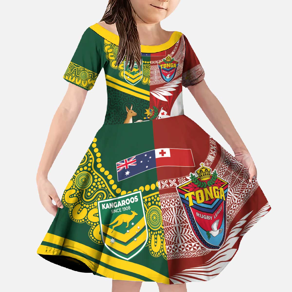 Custom Mate Ma'a Tonga and Australia Kangaroo Family Matching Off The Shoulder Long Sleeve Dress and Hawaiian Shirt Nation Seal with Mascot Aboriginal and Tongan Kupesi Ngatu Art LT03 Daughter's Dress Red - Polynesian Pride