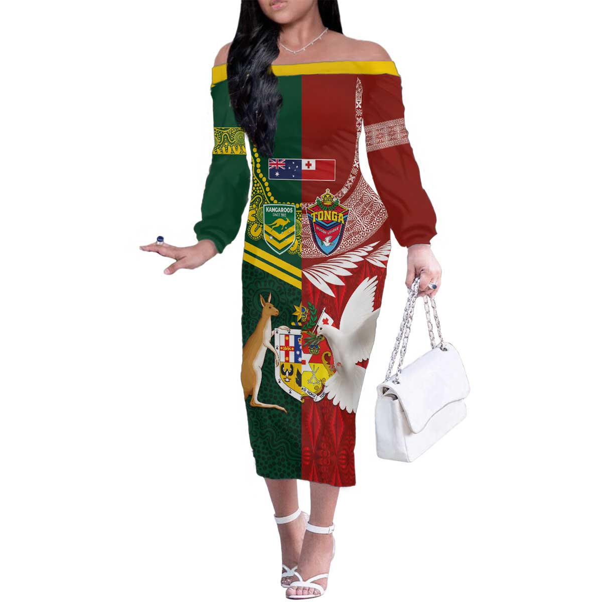 Custom Mate Ma'a Tonga and Australia Kangaroo Family Matching Off The Shoulder Long Sleeve Dress and Hawaiian Shirt Nation Seal with Mascot Aboriginal and Tongan Kupesi Ngatu Art LT03 Mom's Dress Red - Polynesian Pride
