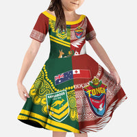 Custom Mate Ma'a Tonga and Australia Kangaroo Family Matching Off Shoulder Maxi Dress and Hawaiian Shirt Nation Seal with Mascot Aboriginal and Tongan Kupesi Ngatu Art LT03 Daughter's Dress Red - Polynesian Pride