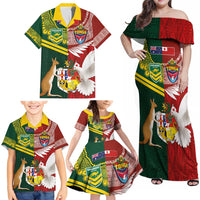 Custom Mate Ma'a Tonga and Australia Kangaroo Family Matching Off Shoulder Maxi Dress and Hawaiian Shirt Nation Seal with Mascot Aboriginal and Tongan Kupesi Ngatu Art LT03 - Polynesian Pride