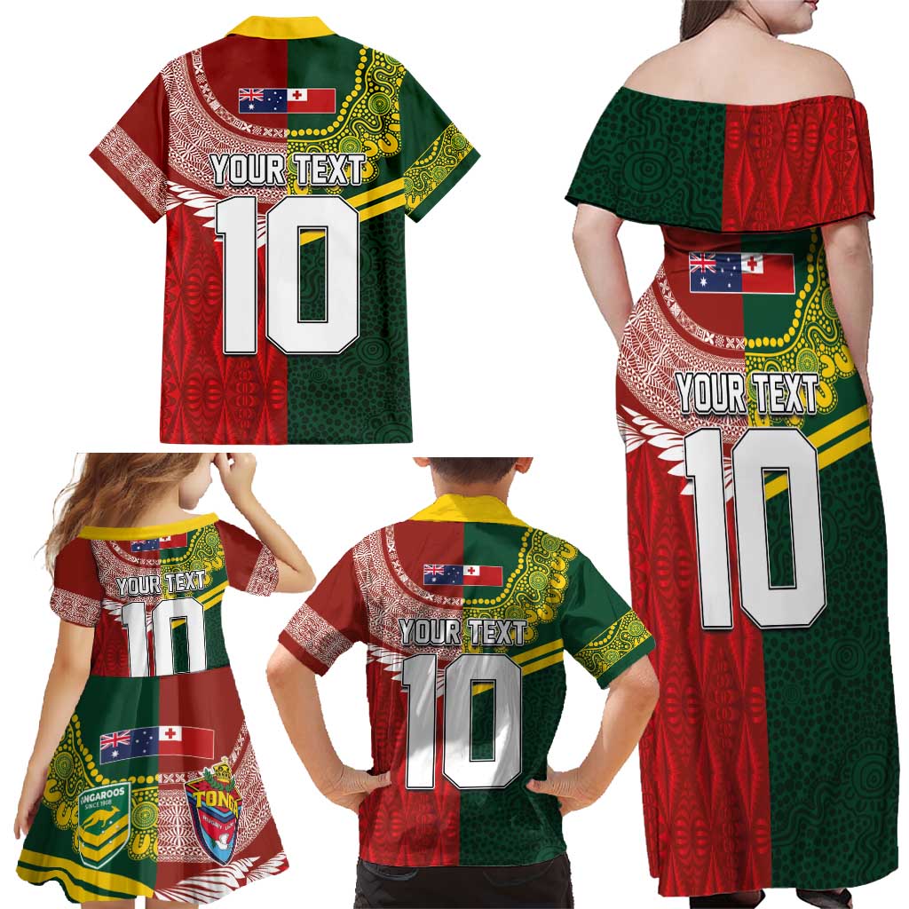 Custom Mate Ma'a Tonga and Australia Kangaroo Family Matching Off Shoulder Maxi Dress and Hawaiian Shirt Nation Seal with Mascot Aboriginal and Tongan Kupesi Ngatu Art LT03 - Polynesian Pride