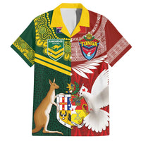Custom Mate Ma'a Tonga and Australia Kangaroo Family Matching Off Shoulder Maxi Dress and Hawaiian Shirt Nation Seal with Mascot Aboriginal and Tongan Kupesi Ngatu Art LT03 Dad's Shirt - Short Sleeve Red - Polynesian Pride