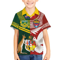 Custom Mate Ma'a Tonga and Australia Kangaroo Family Matching Off Shoulder Maxi Dress and Hawaiian Shirt Nation Seal with Mascot Aboriginal and Tongan Kupesi Ngatu Art LT03 Son's Shirt Red - Polynesian Pride
