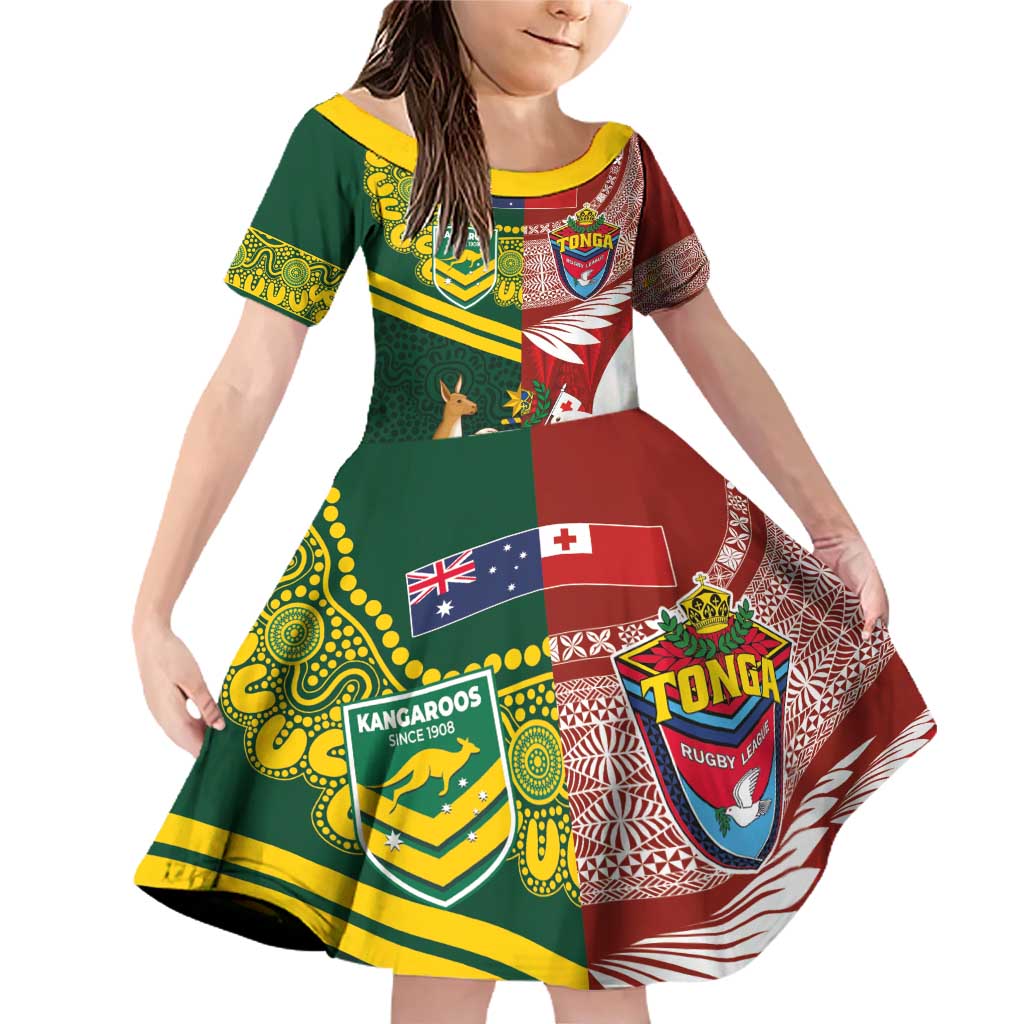 Custom Mate Ma'a Tonga and Australia Kangaroo Family Matching Off Shoulder Short Dress and Hawaiian Shirt Nation Seal with Mascot Aboriginal and Tongan Kupesi Ngatu Art LT03 Daughter's Dress Red - Polynesian Pride