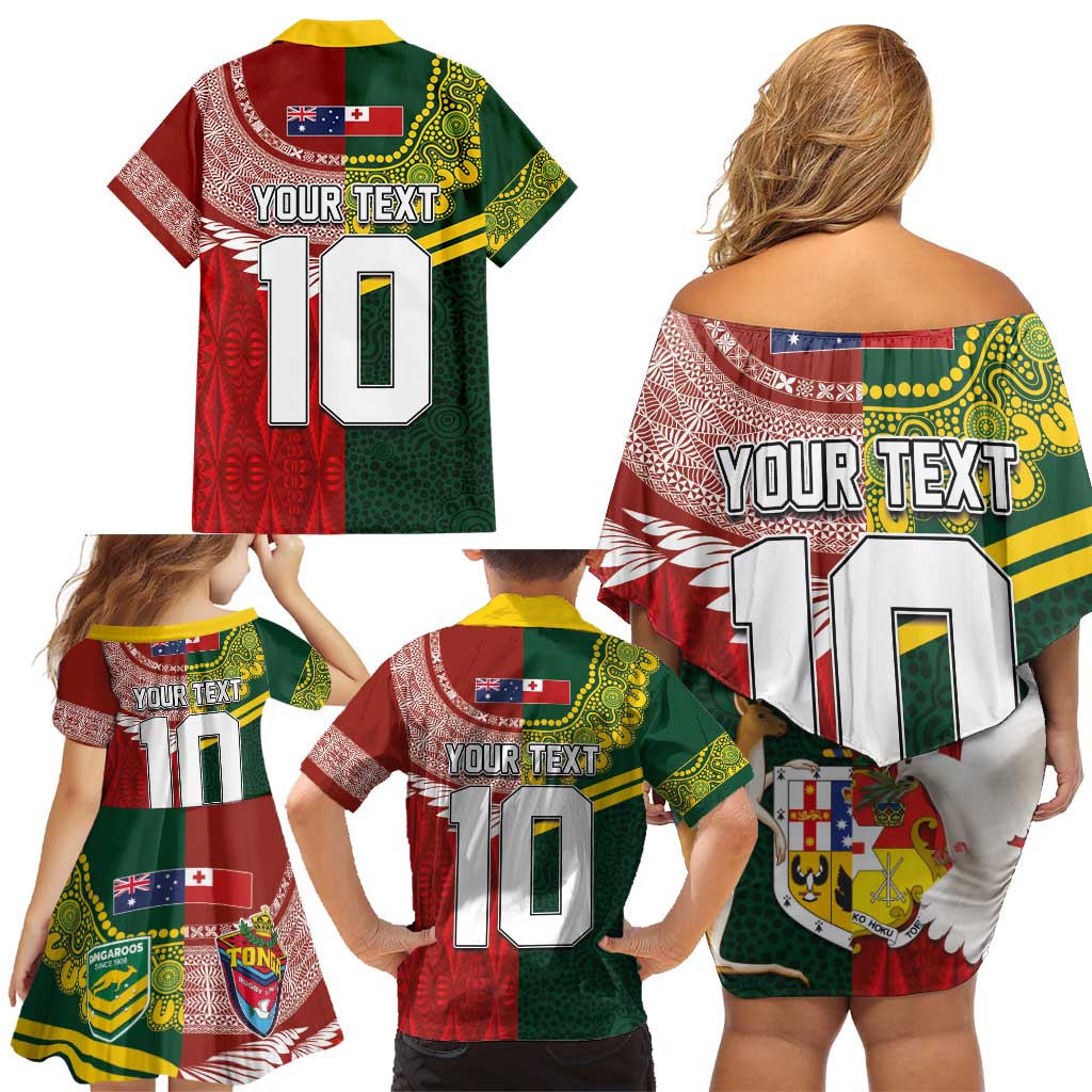 Custom Mate Ma'a Tonga and Australia Kangaroo Family Matching Off Shoulder Short Dress and Hawaiian Shirt Nation Seal with Mascot Aboriginal and Tongan Kupesi Ngatu Art LT03 - Polynesian Pride